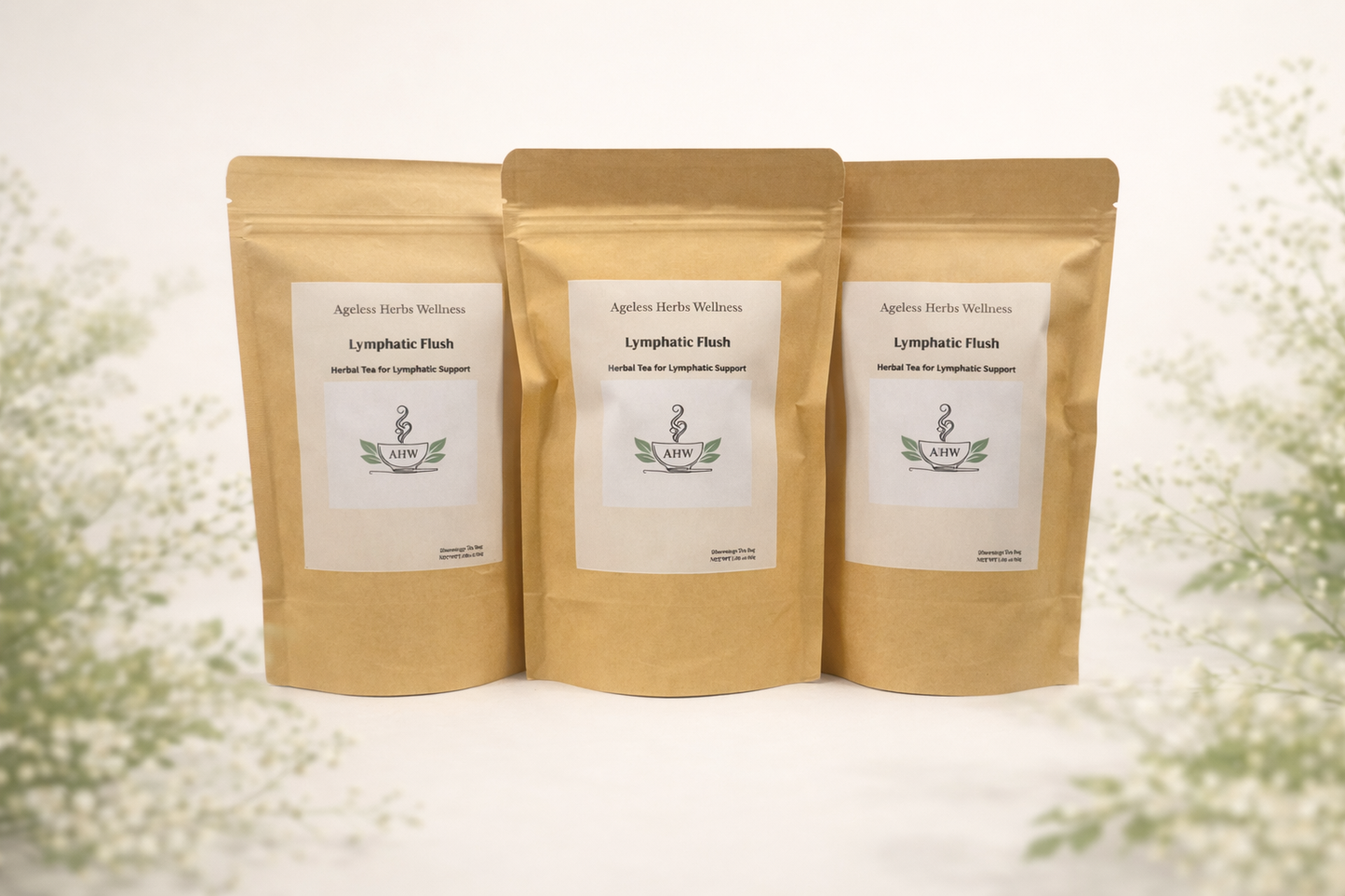 Three brown paper packages Ageless Herbs Wellness Lymphatic Flush on a white background. Lymphatic Flush detox tea with red clover and cleavers
