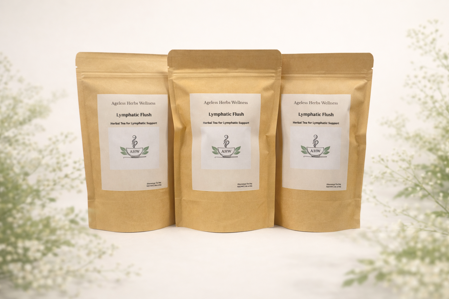 Three brown paper packages Ageless Herbs Wellness Lymphatic Flush on a white background. Lymphatic Flush detox tea with red clover and cleavers