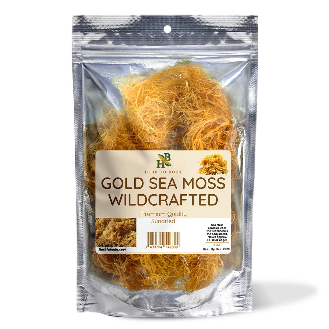 Package of gold sea moss with a visible label on a white background