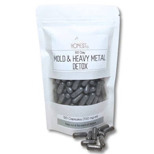 Mold and heavy metal detox capsules in a white packaging with 'Honest' branding.
