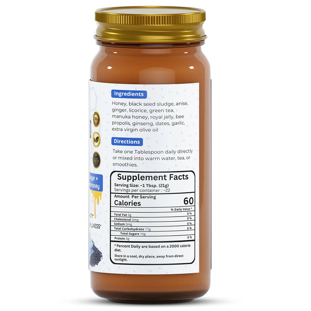 Supplement jar with label showing ingredients, directions, supplement facts, and nutrition information.