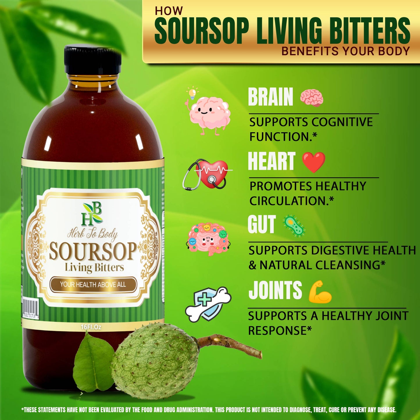 Soursop Living Bitters bottle with health benefits on a green background