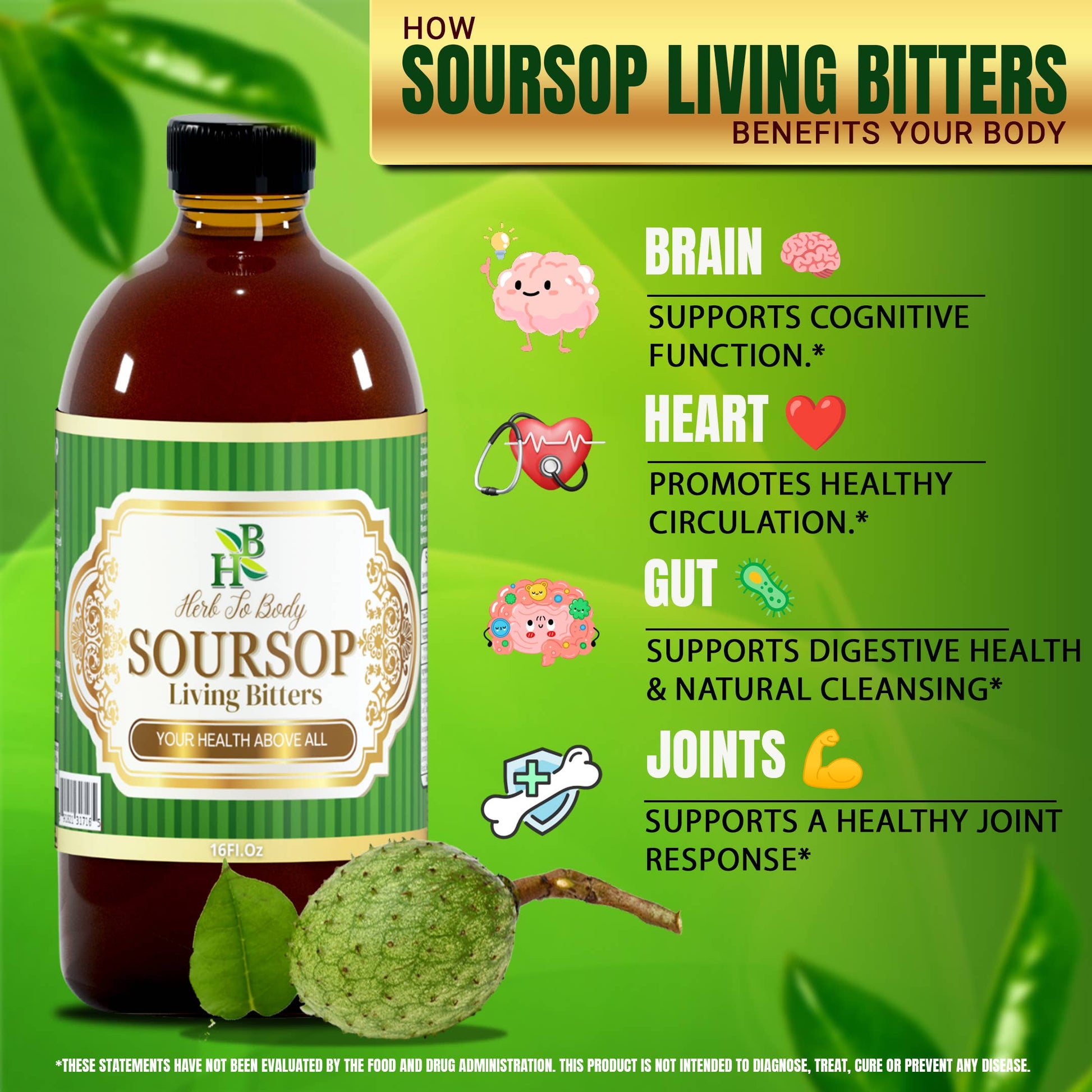 Soursop Living Bitters bottle with health benefits on a green background