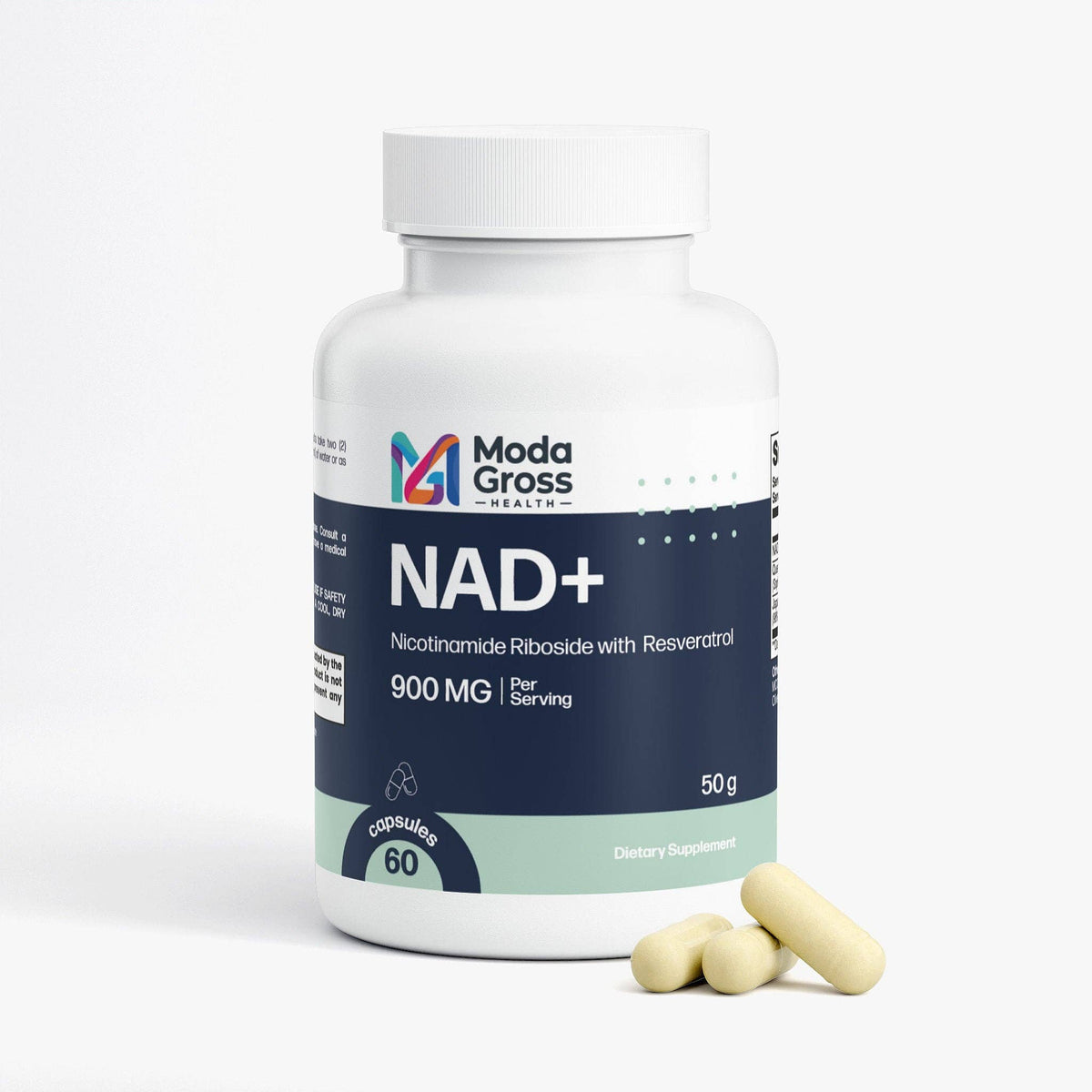 A white bottle of Moda Gross NAD+ dietary supplement with a dark navy and mint green label, shown with three pale yellow capsules in front on a clean white background.