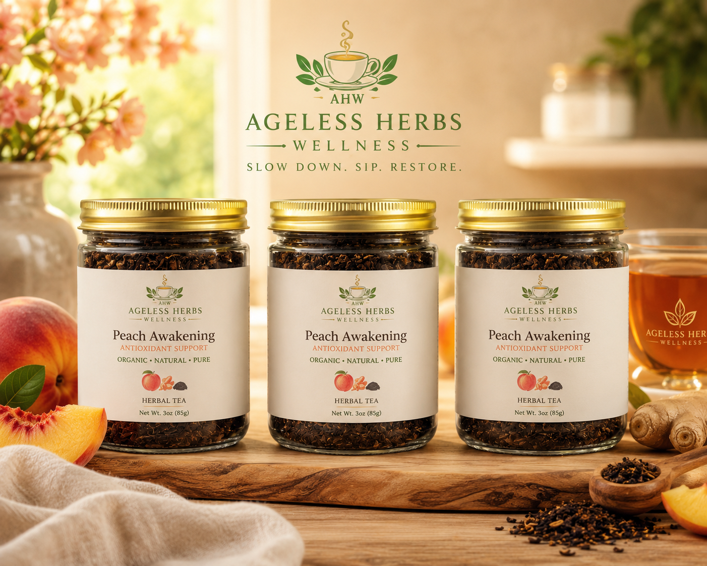 Peach Tea Awakening | Black tea, Ginger and peach Ageless Herbs Wellness