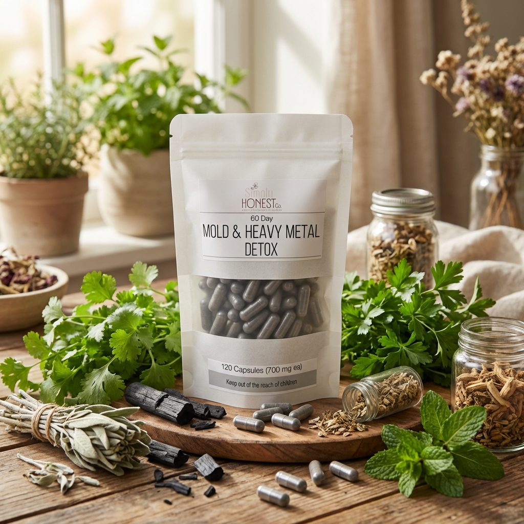 Mold and heavy metal detox supplement package on a wooden table with herbs and plants.