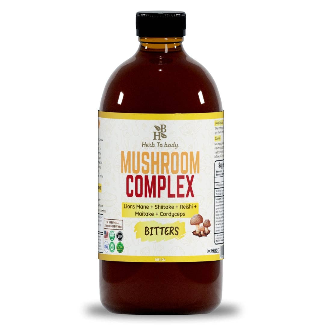 Bottle of Mushroom Complex supplement with a white label on a white background