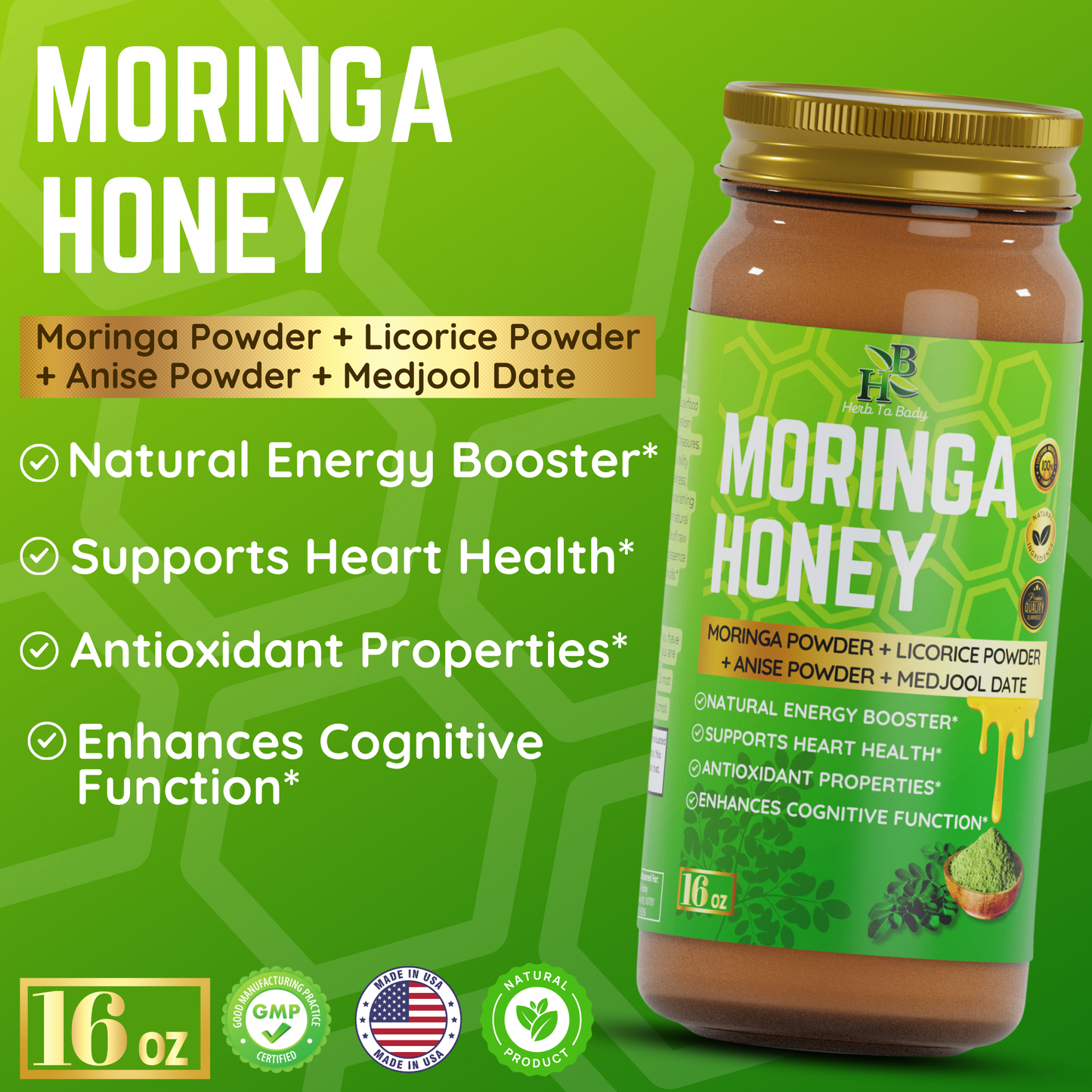 Moringa Infused Raw Honey 16oz product graphic highlighting natural energy, heart support, and antioxidant benefits