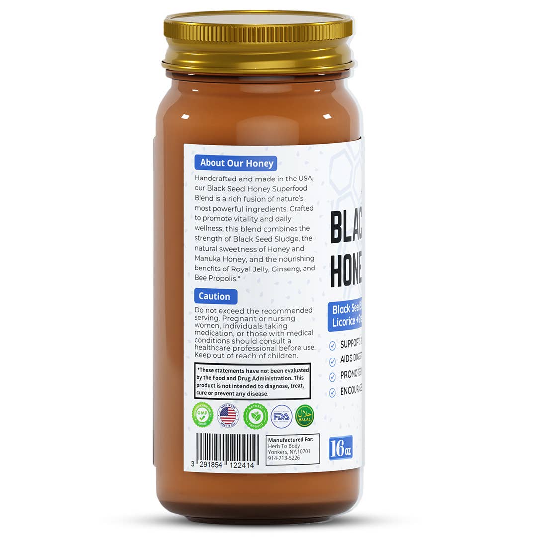 Jar of black seed honey with label on a white background