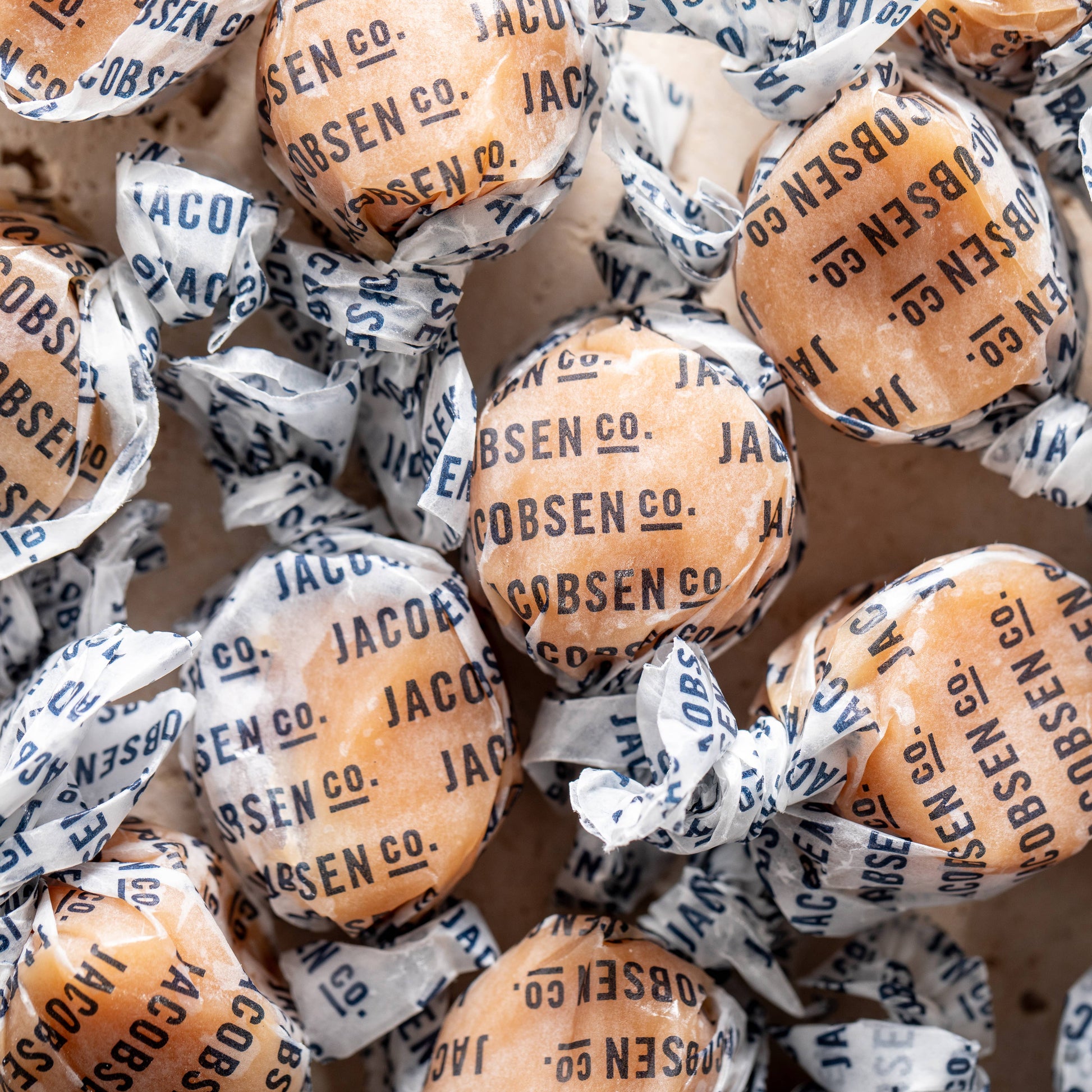 Jacobsen taffy candies in clear wrappers with visible branding.