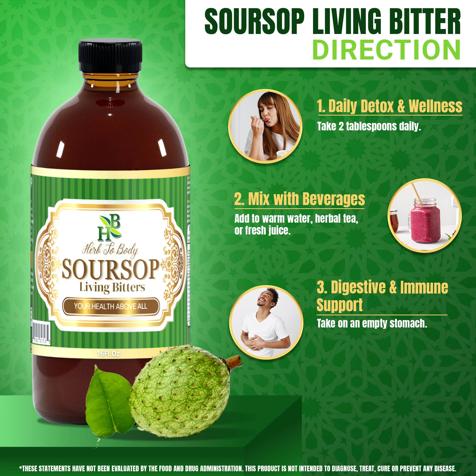 Soursop Living Bitter bottle with usage directions on a green background
