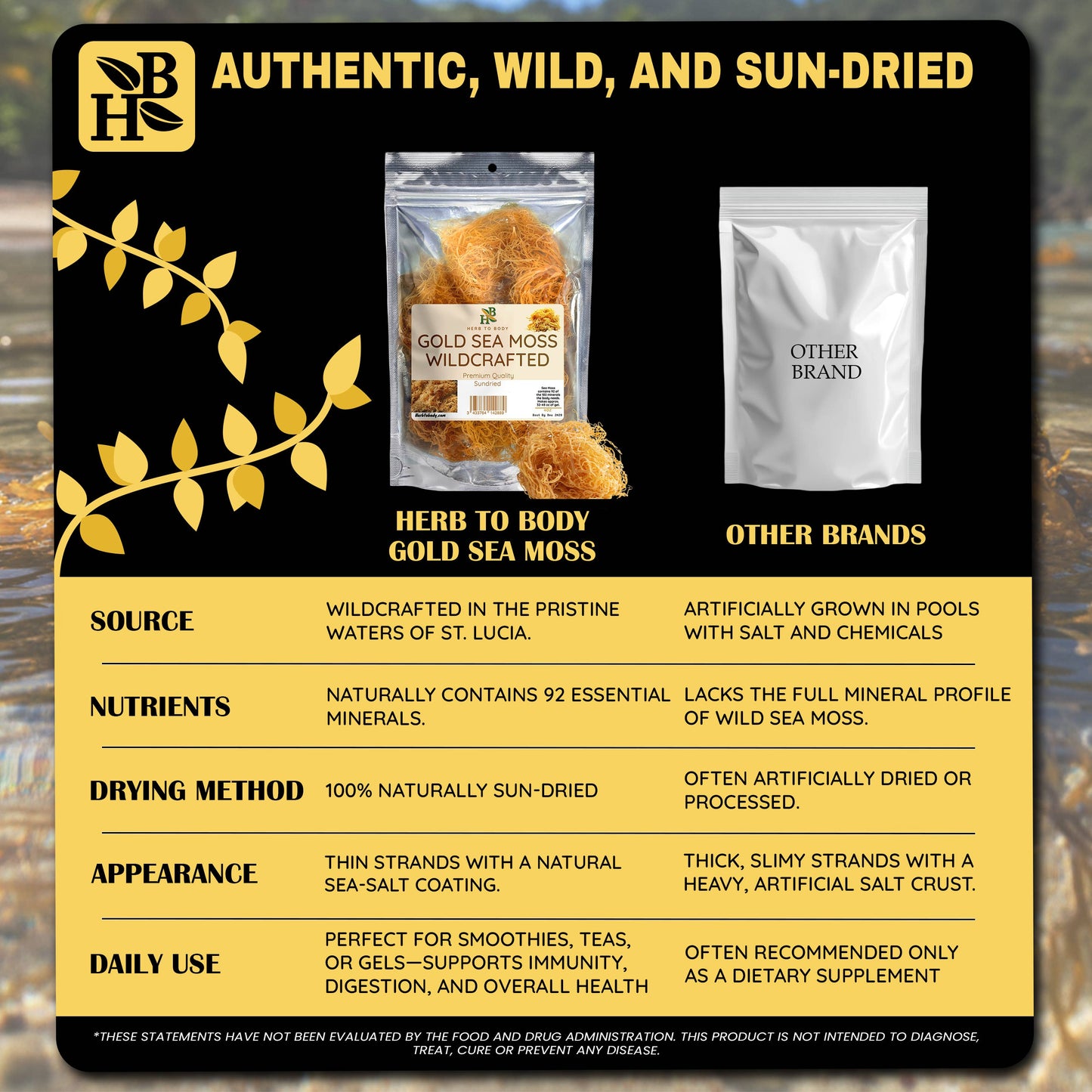 Comparison chart between Herb to Body Gold Sea Moss and other brands on a wooden background.