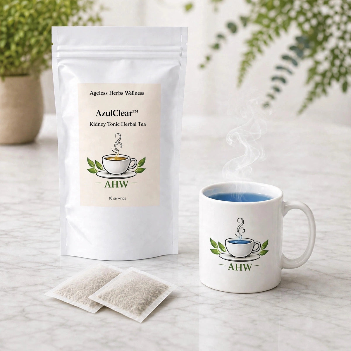 A white stand-up pouch labeled AzulClear Kidney Tonic Herbal Tea stands on a light marble surface beside a white ceramic mug with a blue tea interior and steam rising, with two tea bags in front and soft green foliage in the background.