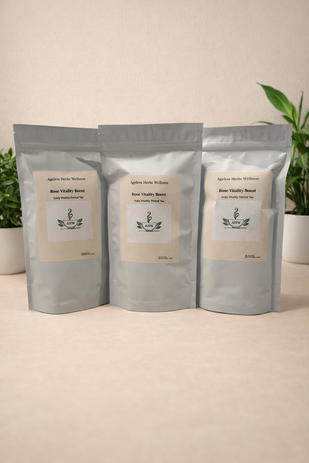 Three White Ageless Herbs Wellness Rose Vitality Boost packages with labels on a beige surface with plants in the background