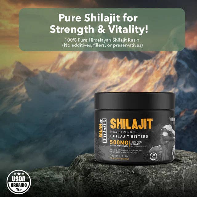 Shilajit product container with mountainous background and promotional text.