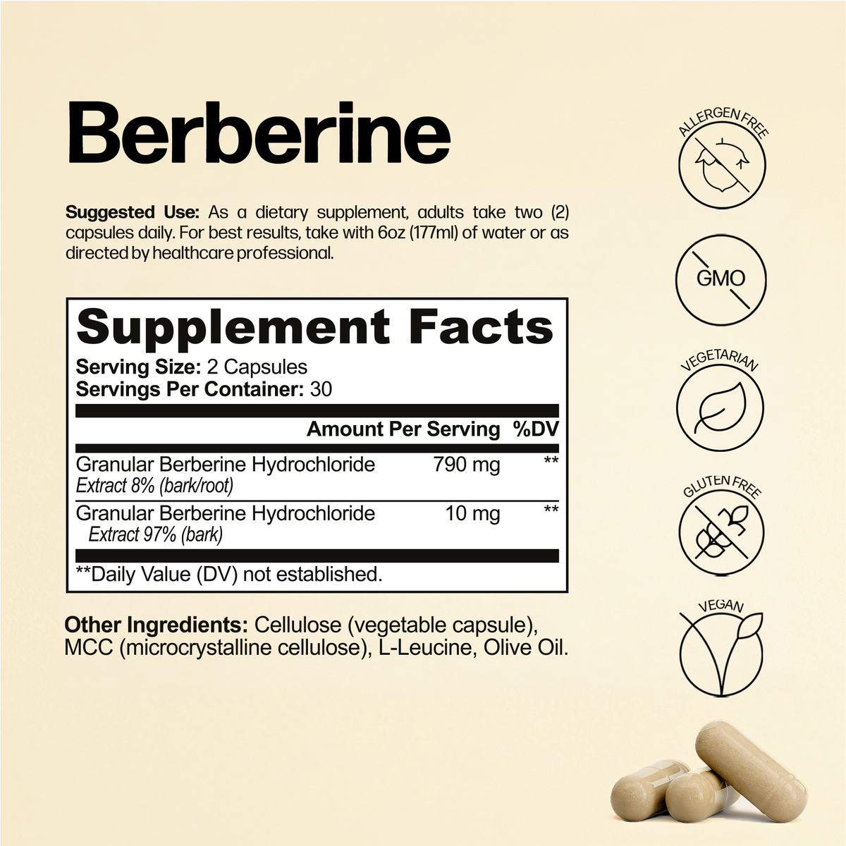 Berberine dietary supplement facts panel and product details on a beige background, with three tan capsules shown at the bottom right.