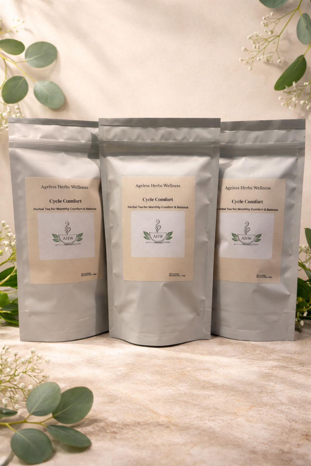 Three Ageless Herbs Wellness Cycle Comfort packages on a light wooden surface with greenery.