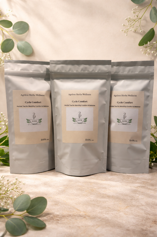 Three Ageless Herbs Wellness Cycle Comfort packages on a light wooden surface with greenery.