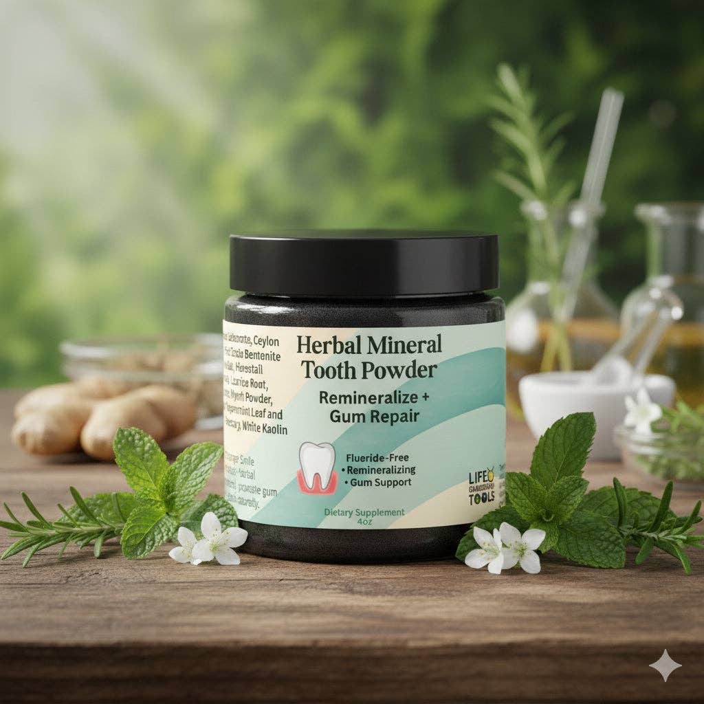 Jar of Herbal Mineral Tooth Powder on a wooden surface with greenery in the background