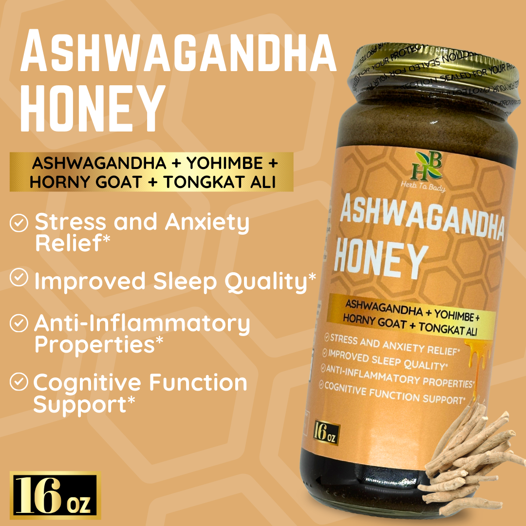 Jar of Ashwagandha honey with product details on a brown background