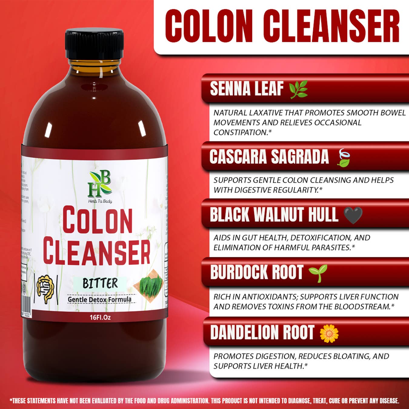 Bottle of colon cleanser with ingredients listed on a red background