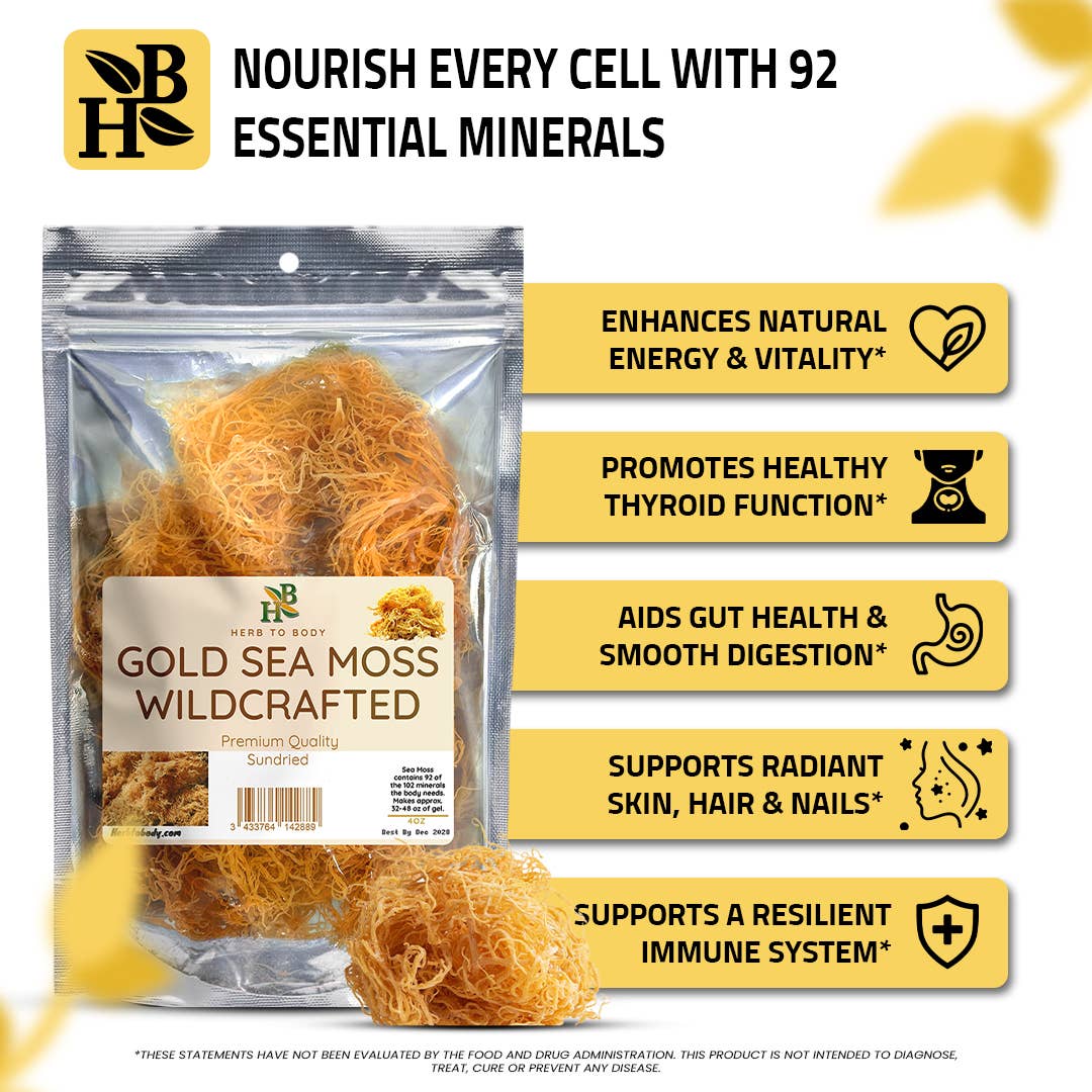 Packaged Gold Sea Moss with health benefits listed on a white background