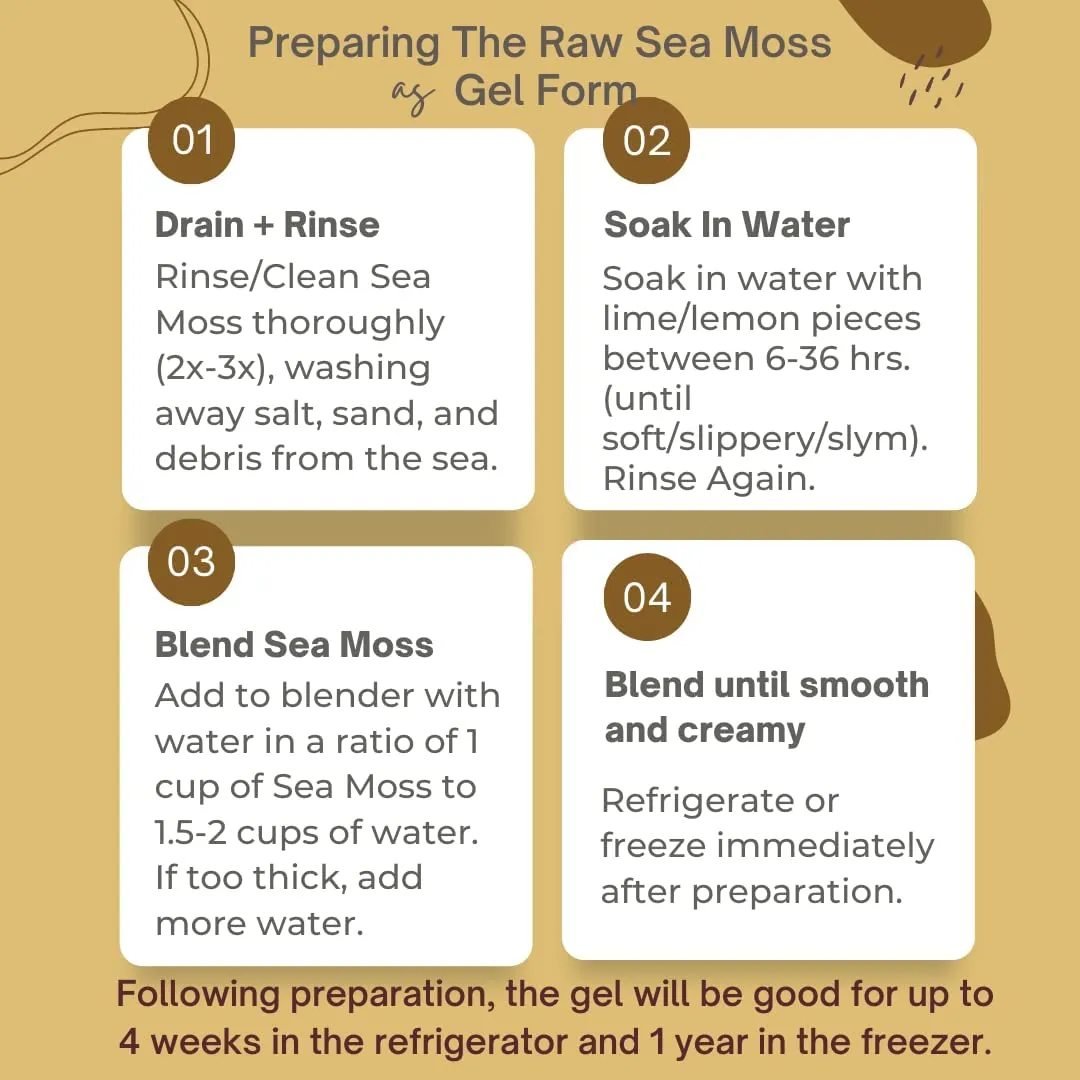 Instructions for preparing raw sea moss in gel form on a beige background
