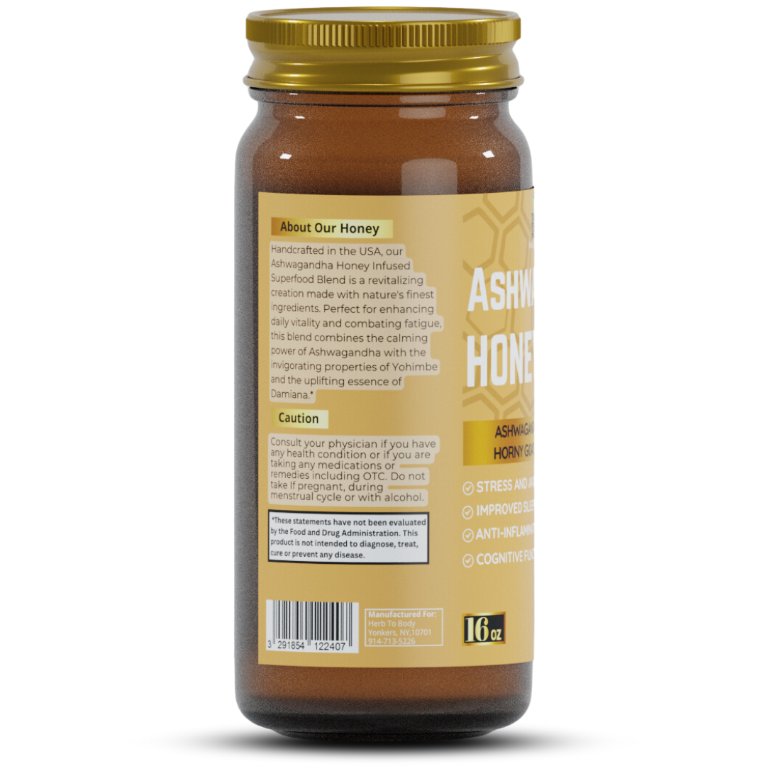 Jar of Ashwagandha honey with label on a white background