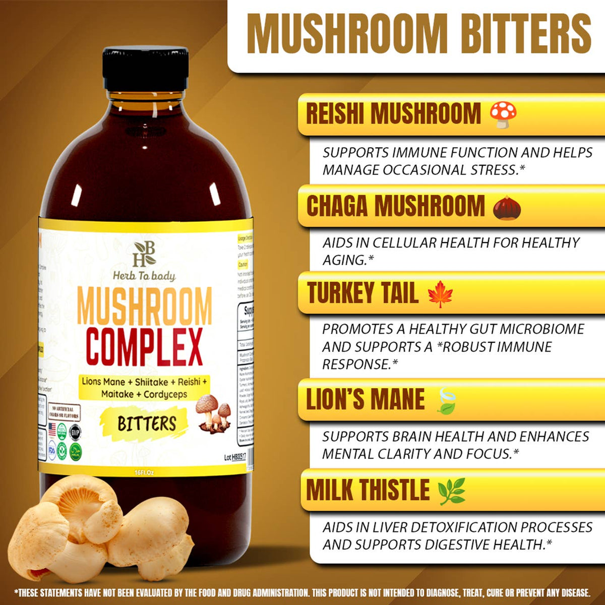 Bottle of Mushroom Complex Bitters with ingredients listed on a brown background