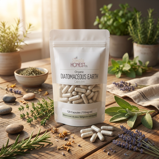 Simply Honest Co. Diatomaceous Earth Capsules pouch with 120 capsules displayed on a wooden table surrounded by fresh herbs.