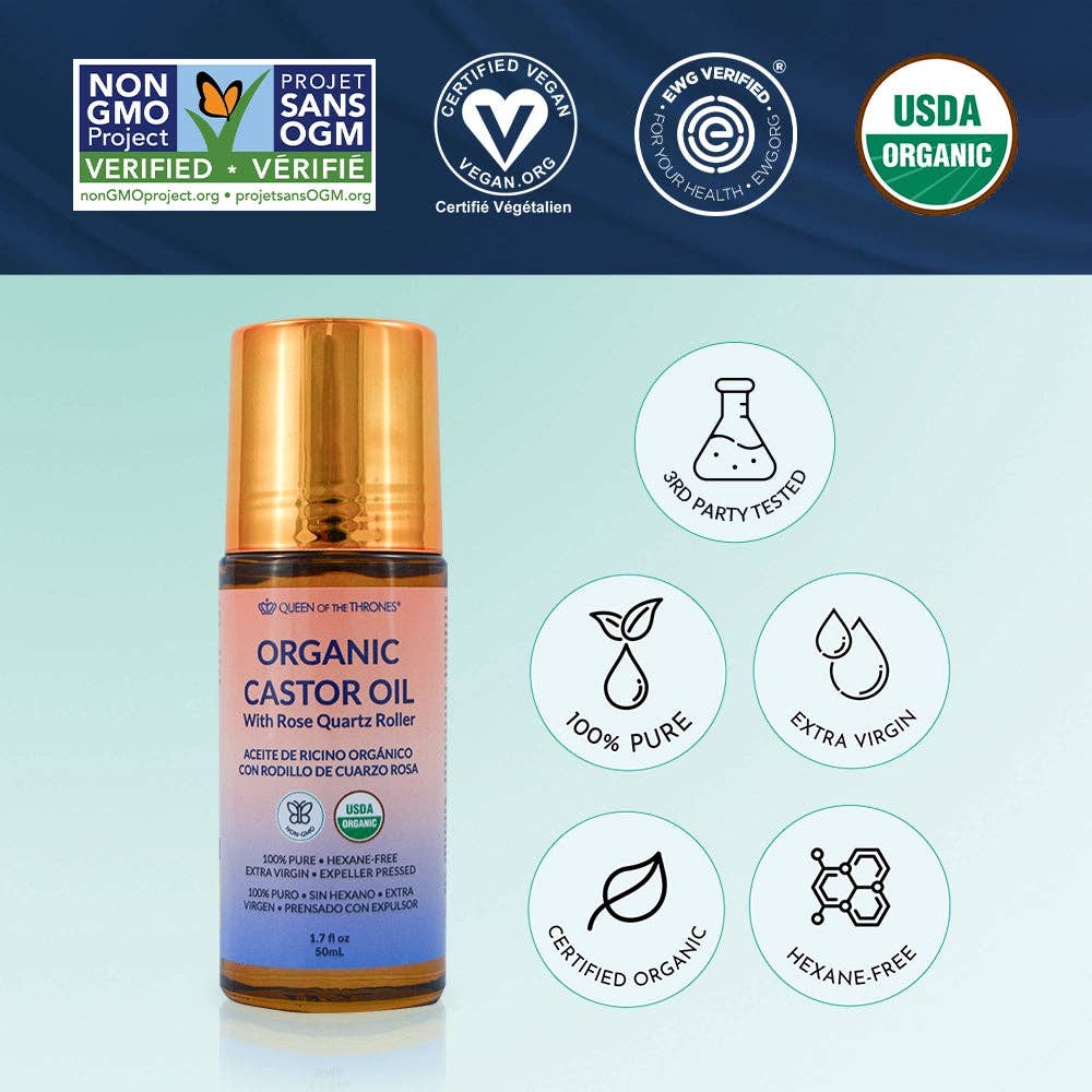 Queen of the Thrones® Organic Castor Oil with Rose Quartz Roller