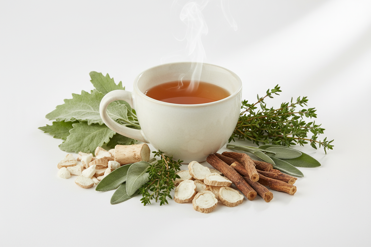 Herbal tea cup with respiratory cleansing herbs for lung wellness