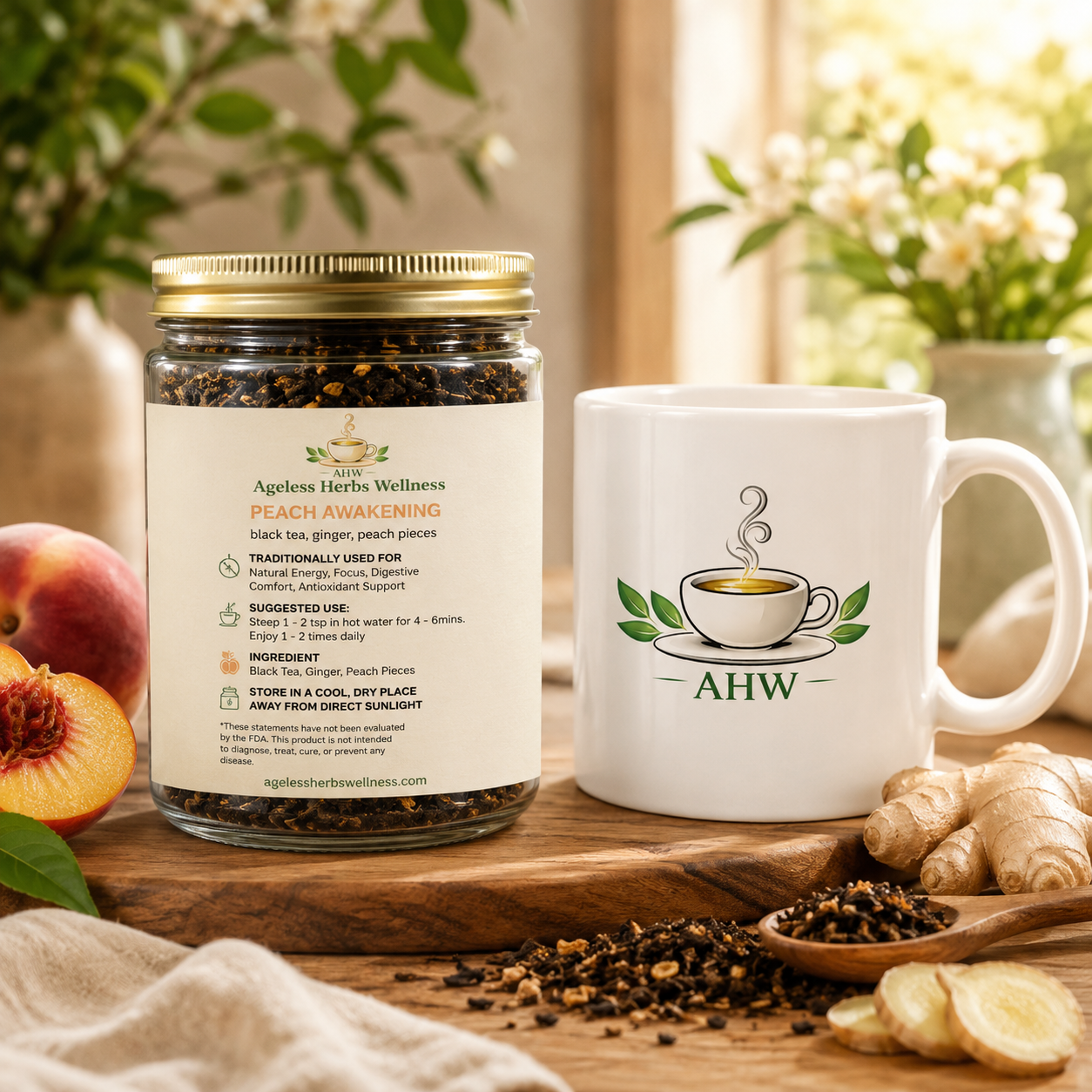 Peach Tea Awakening | Black tea, Ginger and peach Ageless Herbs Wellness