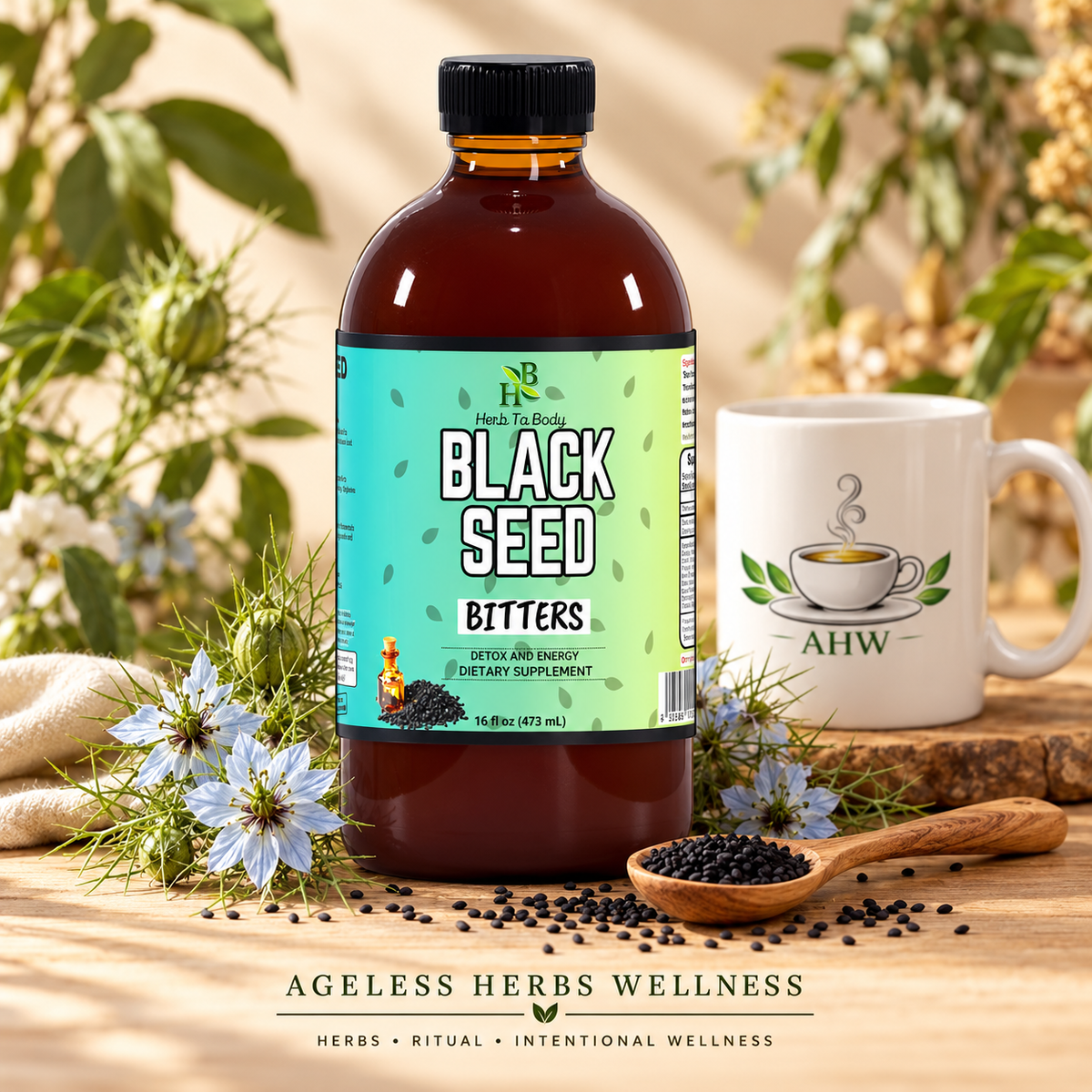 Black Seed Bitters bottle with black seeds, nigella flowers, and an AHW mug.