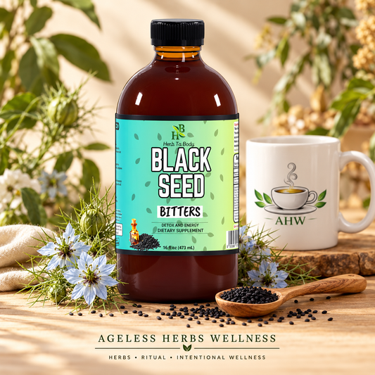 Black Seed Bitters bottle with black seeds, nigella flowers, and an AHW mug.
