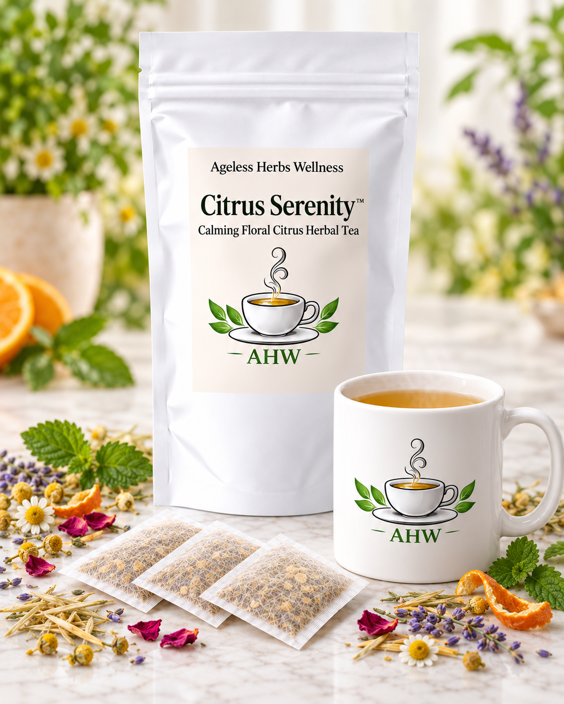 A white stand-up pouch of Ageless Herbs Wellness Citrus Serenity Calming Floral Citrus Herbal Tea stands on a light surface beside a white ceramic mug with the same logo and a cup of tea. The scene is styled with loose herbal ingredients, dried flowers, mint, and citrus slices in a bright, soft-focus setting.