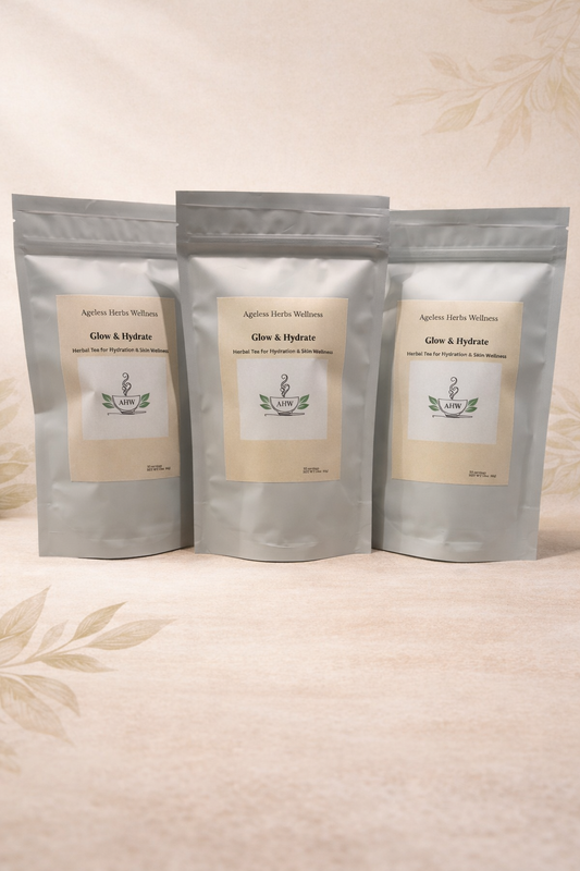 Three White Ageless Herbs Wellness packages with labels on a beige background Glow & Hydrate