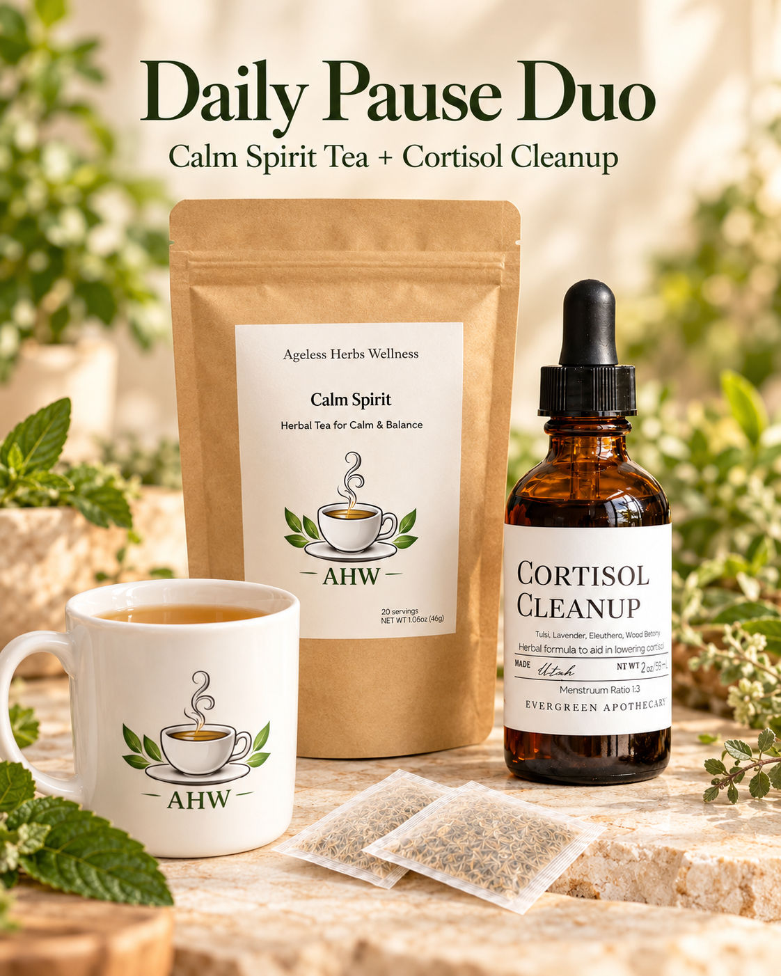 Calm Spirit herbal tea and Cortisol Cleanup drops beside a white AHW mug and two tea bags on a cream stone surface.