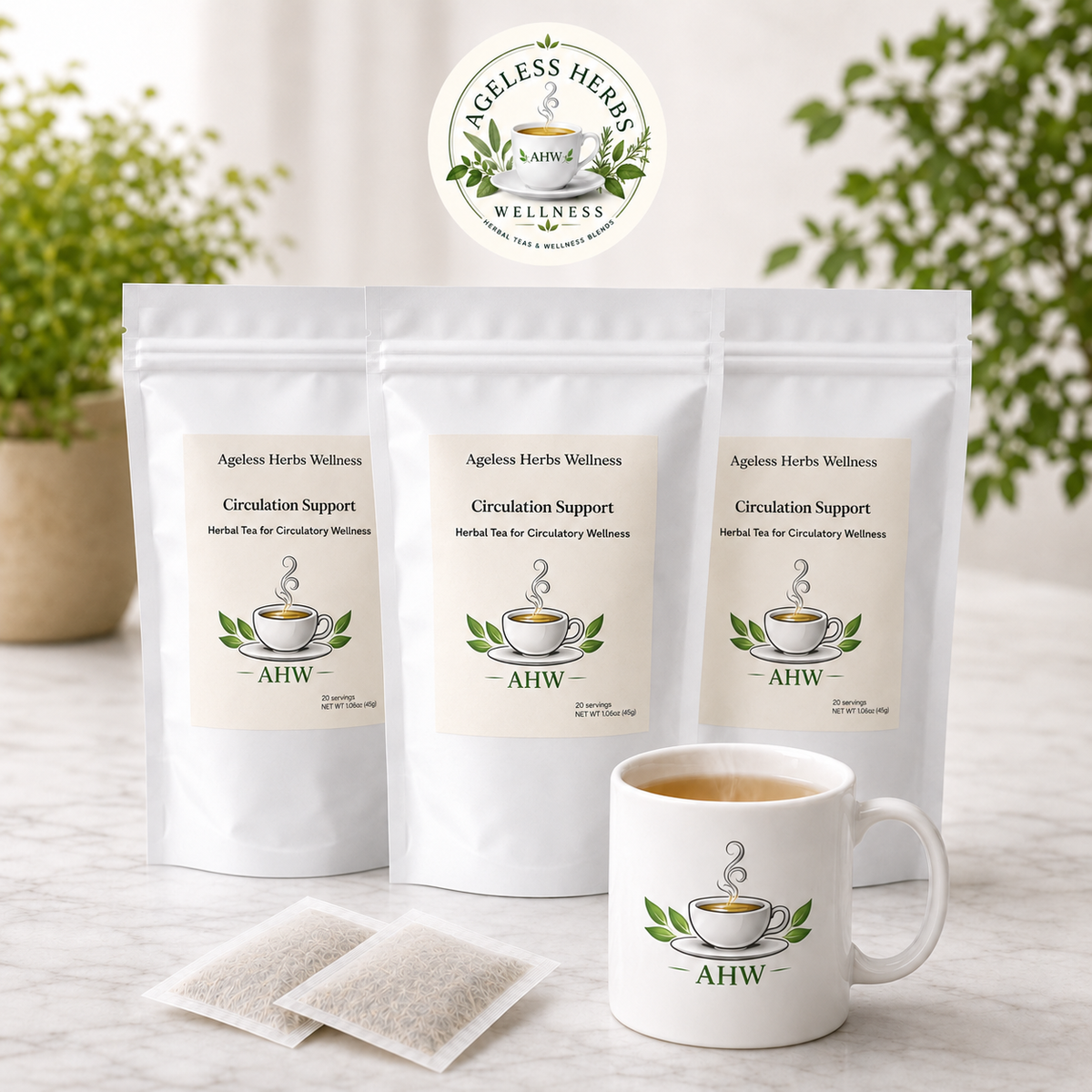 Three stand-up pouches of Ageless Herbs Wellness Circulation Support herbal tea are arranged on a light marble surface, with two single-serve tea bags in front and a matching white ceramic mug with the Ageless Herbs Wellness logo and tea inside. A circular Ageless Herbs Wellness logo badge appears above the products.