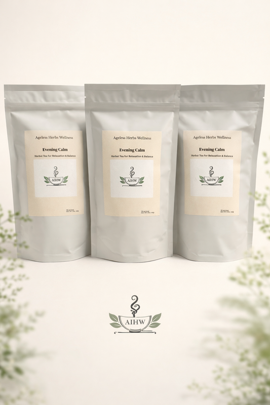 Three packages of 'Evening Calm' tea with a brand logo on a light background
