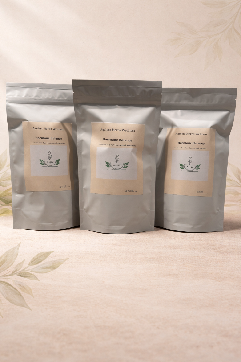 Three White Ageless Herbs Wellness  packages with labels on a beige background 