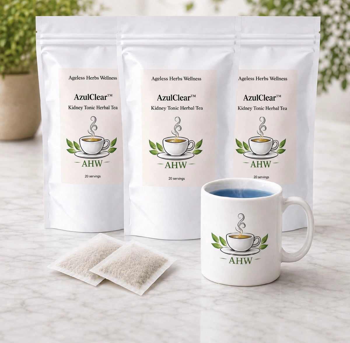 Three white stand-up pouches of AzulClear Kidney Tonic Herbal Tea are arranged on a marble surface with two single-serve tea bags in front and a white ceramic mug with the AzulClear logo beside them. The background shows a softly blurred indoor setting with greenery.