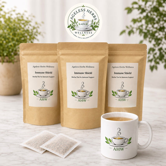 Three stand-up pouches of Ageless Herbs Immune Shield herbal tea are arranged on a light marble surface, with two single-serve tea bags in front and a white ceramic mug with the Ageless Herbs logo beside them. The background is softly blurred with greenery and a white wall.
