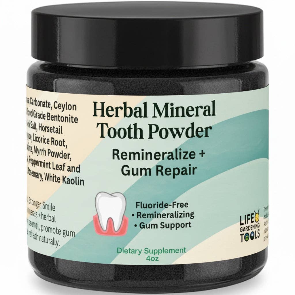 Jar of Herbal Mineral Tooth Powder with black lid and label on a white background