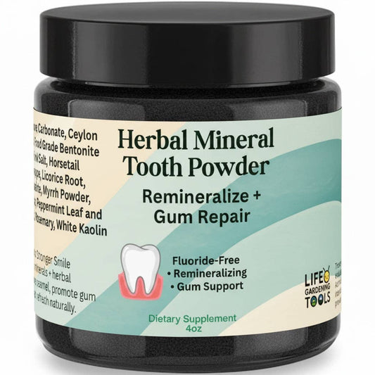Jar of Herbal Mineral Tooth Powder with black lid and label on a white background