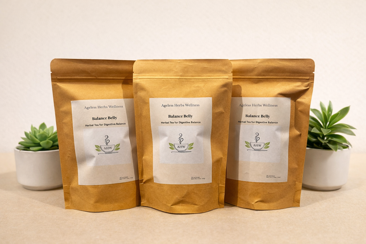 Three packages of Ageless Herbs Wellness Balance Belly Two green plants white background