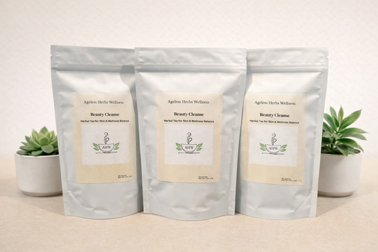 Three packages of Ageless Herbs Wellness with two plants and light background