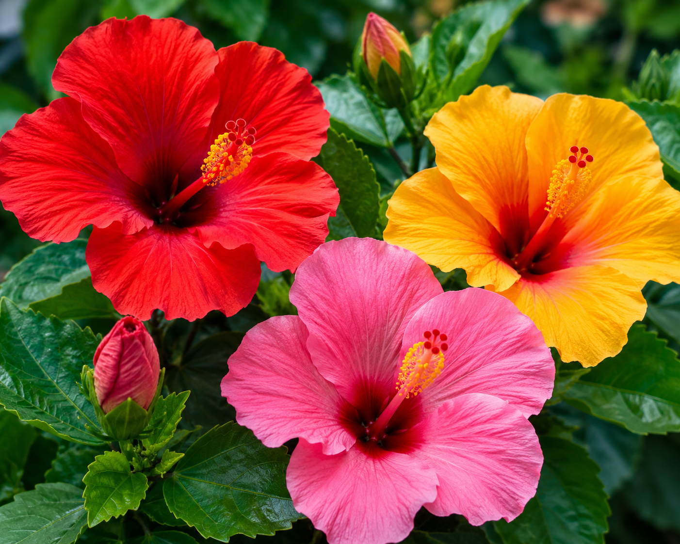 Three colorful Hibiscus flowers (red, pink, yellow) with green leaves in the background