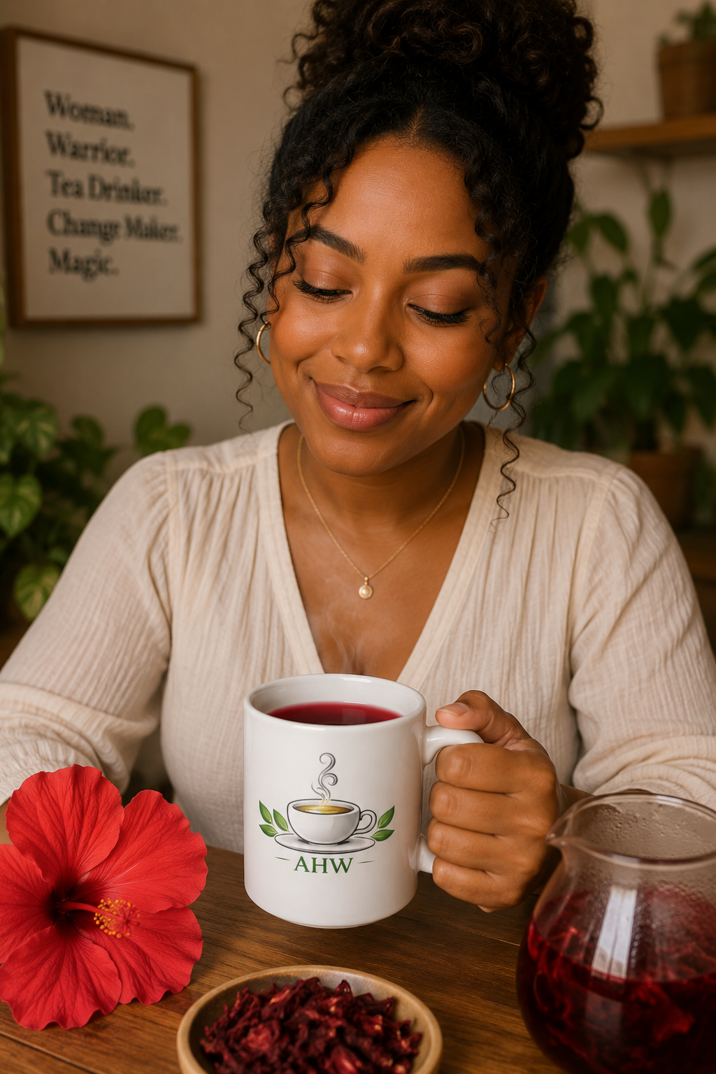 Woman holding a Ageless Herbs Wellness mug with a logo and text, surrounded by Hibiscus flower and plants.
