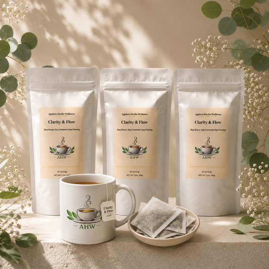 Three packages of 'Clarity & Flow' tea from Ageless Herbs Wellness, a ageless herbs wellness mug, and a small bowl of ageless herbs wellness tea bags on a light background with greenery.